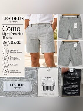 Les Deux Como Light Pinstripe Shorts Men’s Size 32 Snow Melange White NWT